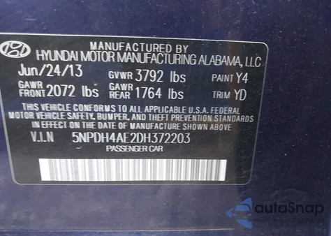 2013 Hyundai Elantra Gls z USA, uszkodzony, nr VIN 5NPDH4AE2DH372203